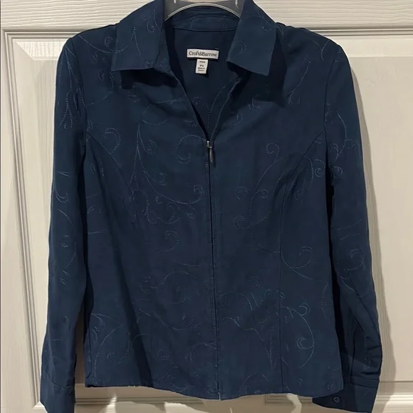 croft & barrow Medium Gray Blue Zip-Front Embroidered Blouse - Picture 1 of 7